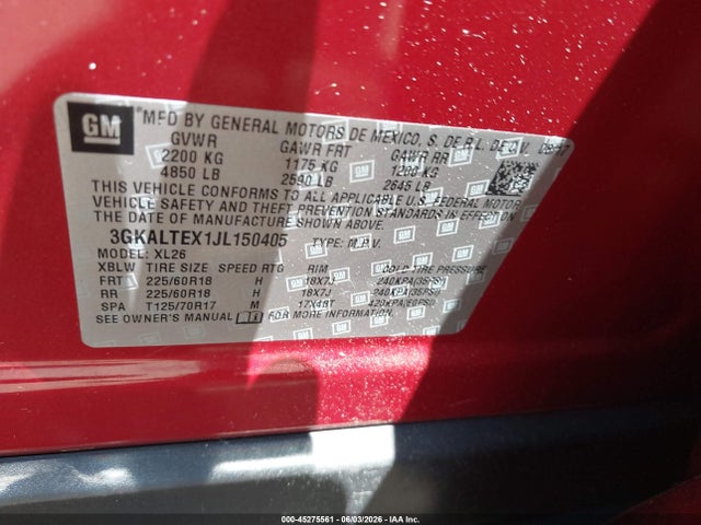 45275561 :رقم المزاد ، 3GKALTEX1JL150405 vin ، 2018 Gmc Terrain Sle مزاد بيع