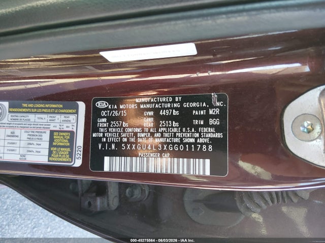 Aukcja sprzedaży 2016 Kia Optima Ex, vin: 5XXGU4L3XGG011788, numer aukcji: 45275564