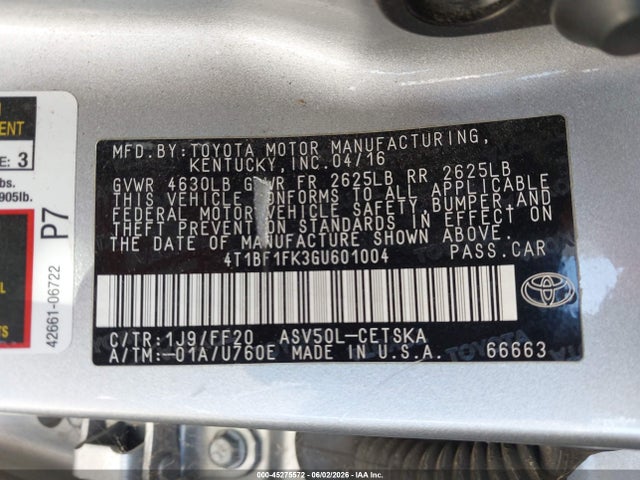 Aukcja sprzedaży 2016 Toyota Camry Se, vin: 4T1BF1FK3GU601004, numer aukcji: 45275572