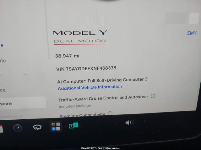 45275577 :رقم المزاد ، 7SAYGDEFXNF468378 vin ، 2022 Tesla Model Y Performance Dual Motor All-wheel Drive مزاد بيع