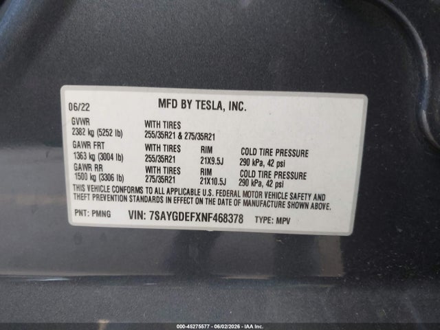 45275577 :رقم المزاد ، 7SAYGDEFXNF468378 vin ، 2022 Tesla Model Y Performance Dual Motor All-wheel Drive مزاد بيع