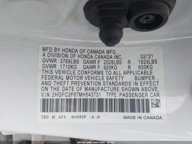 Продажа на аукционе авто 2021 Honda Civic Lx, vin: 2HGFC2F67MH543731, номер лота: 45275586