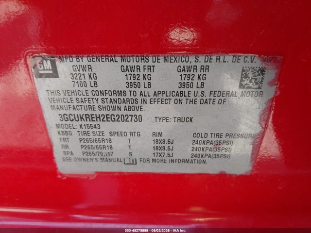 Aukcja sprzedaży 2014 Chevrolet Silverado 1500 1lt, vin: 3GCUKREH2EG202730, numer aukcji: 45275598