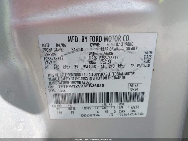 Продажа на аукционе авто 2006 Ford F-150 Lariat/xlt, vin: 1FTPW12VX6FB36685, номер лота: 45275601
