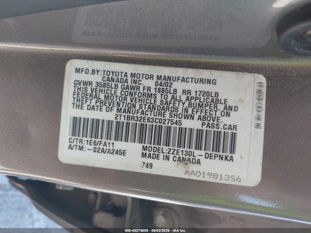 45275608 :رقم المزاد ، 2T1BR32E63C027545 vin ، 2003 Toyota Corolla Le مزاد بيع