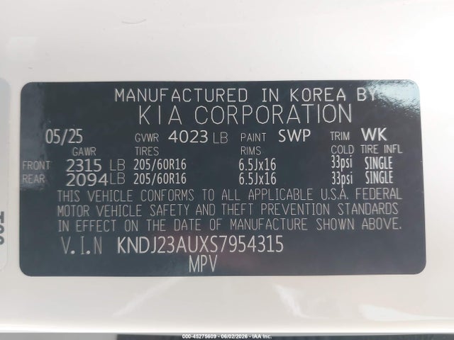 Aukcja sprzedaży 2025 Kia Soul S, vin: KNDJ23AUXS7954315, numer aukcji: 45275609