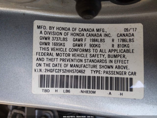 Honda Civic Lx 2017 2HGFC2F52HH570462 Image 9