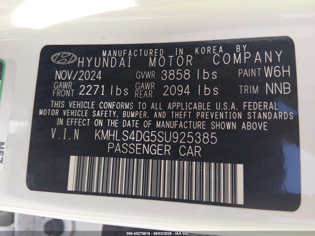 Aukcja sprzedaży 2025 Hyundai Elantra Sel Convenience, vin: KMHLS4DG5SU925385, numer aukcji: 45275616