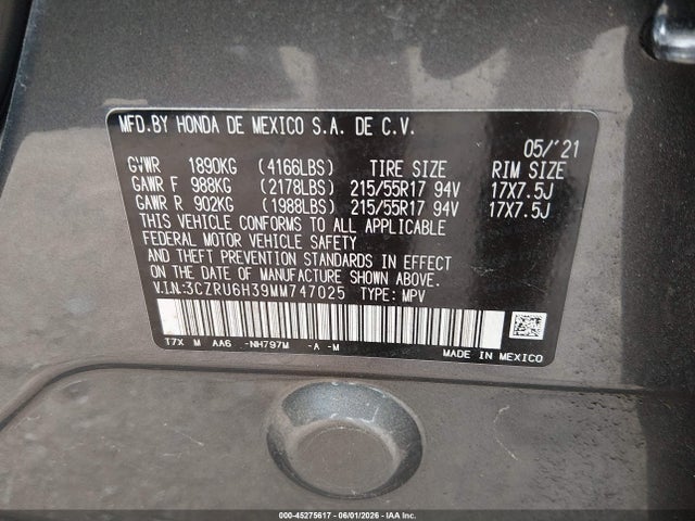 Продажа на аукционе авто 2021 Honda Hr-v Awd Lx, vin: 3CZRU6H39MM747025, номер лота: 45275617