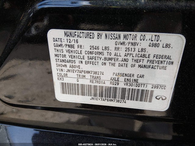 Продаж на аукціоні авто 2017 Infiniti Q50 3.0t Premium, vin: JN1EV7AP6HM738274, номер лоту: 45275624