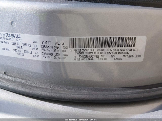 Продаж на аукціоні авто 2018 Chrysler Pacifica Touring L, vin: 2C4RC1BG0JR174852, номер лоту: 45275629