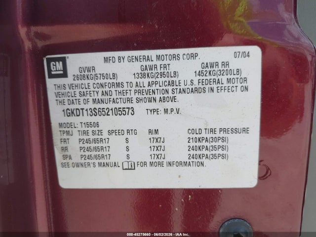 Aukcja sprzedaży 2005 Gmc Envoy Sle, vin: 1GKDT13S652105573, numer aukcji: 45275660