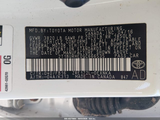 Продажа на аукционе авто 2016 Toyota Corolla Le Plus, vin: 2T1BURHE0GC666535, номер лота: 45275664