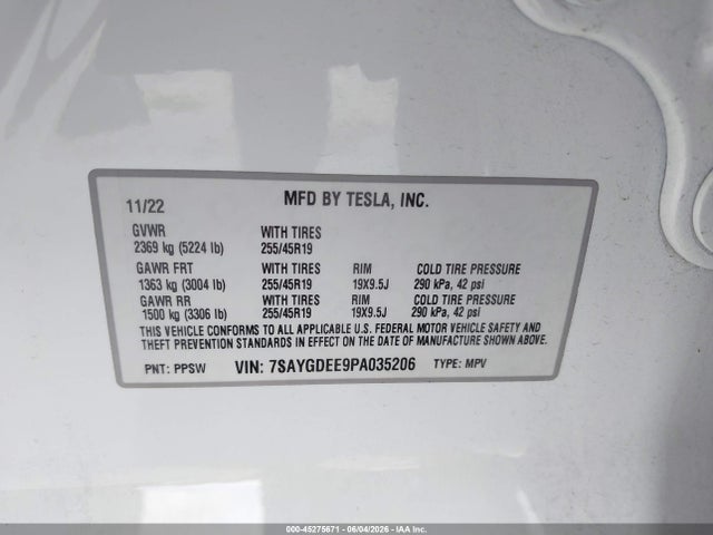 45275671 :رقم المزاد ، 7SAYGDEE9PA035206 vin ، 2023 Tesla Model Y Awd/long Range Dual Motor All-wheel Drive مزاد بيع