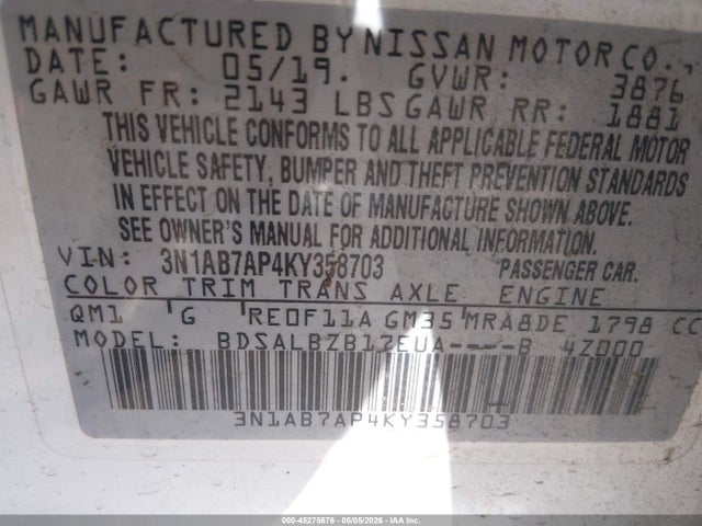 Продаж на аукціоні авто 2019 Nissan Sentra S, vin: 3N1AB7AP4KY358703, номер лоту: 45275676