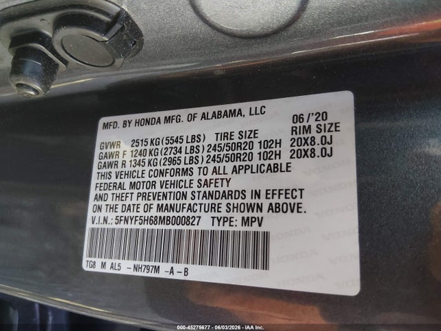 5FNYF5H68MB000827 Honda Pilot 2wd Touring 7 Passenger