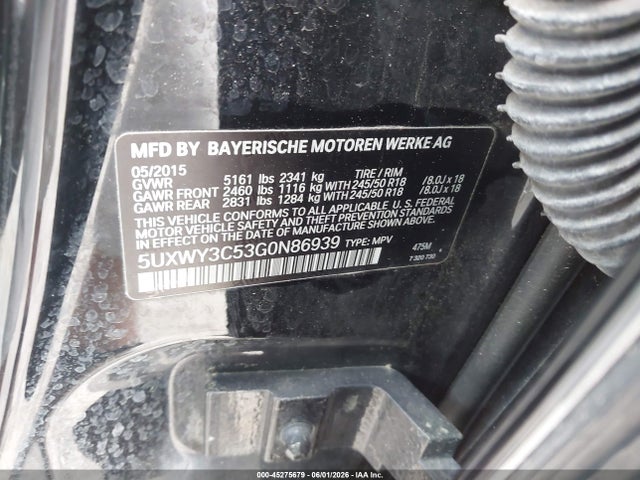 2016 Bmw X3 Xdrive28d მანქანა იყიდება აუქციონზე, vin: 5UXWY3C53G0N86939, აუქციონის ნომერი: 45275679