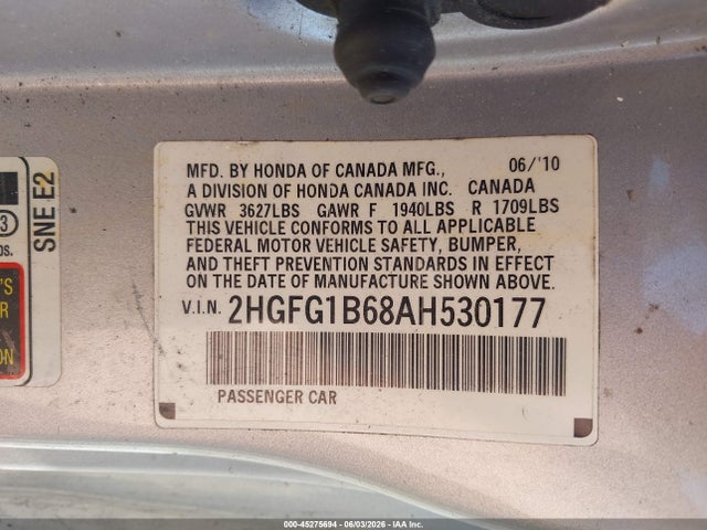 Aukcja sprzedaży 2010 Honda Civic Lx, vin: 2HGFG1B68AH530177, numer aukcji: 45275694
