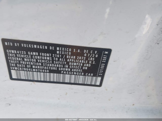 Aukcja sprzedaży 2020 Volkswagen Jetta 1.4t R-line/1.4t S/1.4t Se, vin: 3VWCB7BU4LM076450, numer aukcji: 45275697