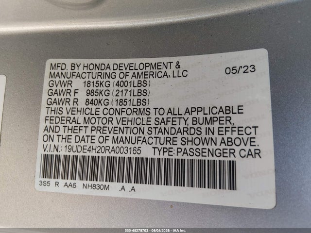 45275703 :رقم المزاد ، 19UDE4H20RA003165 vin ، 2024 Acura Integra مزاد بيع