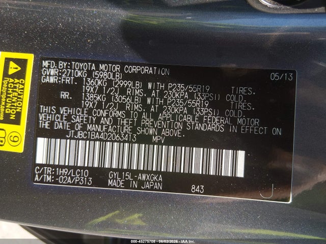 Aukcja sprzedaży 2013 Lexus Rx 450h, vin: JTJBC1BA4D2063413, numer aukcji: 45275708