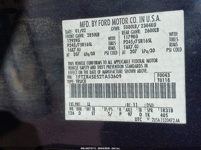 Продаж на аукціоні авто 2002 Ford Ranger Edge/xlt, vin: 1FTZR45E52TA53609, номер лоту: 45275713