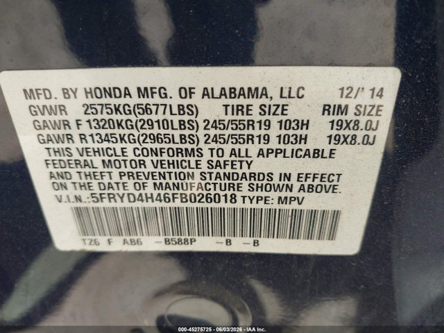 Продажа на аукционе авто 2015 Acura Mdx Technology Package, vin: 5FRYD4H46FB026018, номер лота: 45275725