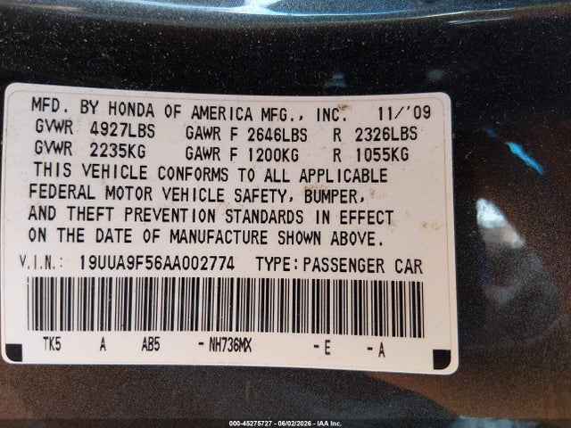 2010 Acura Tl 3.7 მანქანა იყიდება აუქციონზე, vin: 19UUA9F56AA002774, აუქციონის ნომერი: 45275727