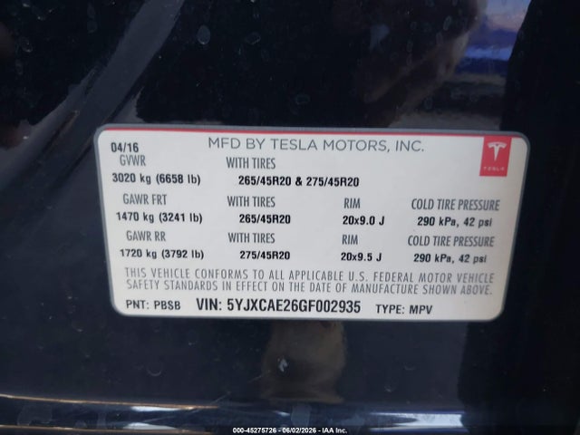 Aukcja sprzedaży 2016 Tesla Model X 60d/70d/75d/90d, vin: 5YJXCAE26GF002935, numer aukcji: 45275726