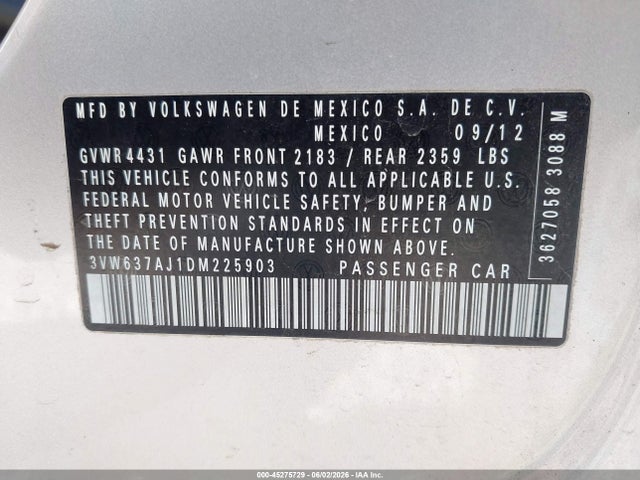 Aukcja sprzedaży 2013 Volkswagen Jetta Hybrid Sel, vin: 3VW637AJ1DM225903, numer aukcji: 45275729