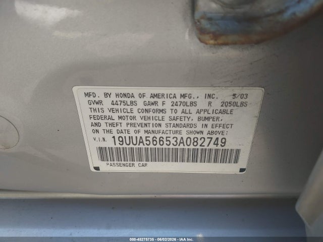 45275735 :رقم المزاد ، 19UUA56653A082749 vin ، 2003 Acura Tl 3.2 مزاد بيع