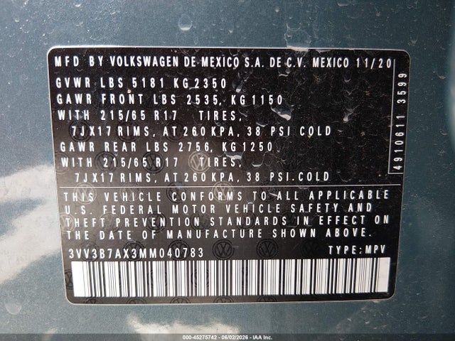 45275742 :رقم المزاد ، 3VV3B7AX3MM040783 vin ، 2021 Volkswagen Tiguan 2.0t Se/2.0t Se R-line Black/2.0t Sel مزاد بيع