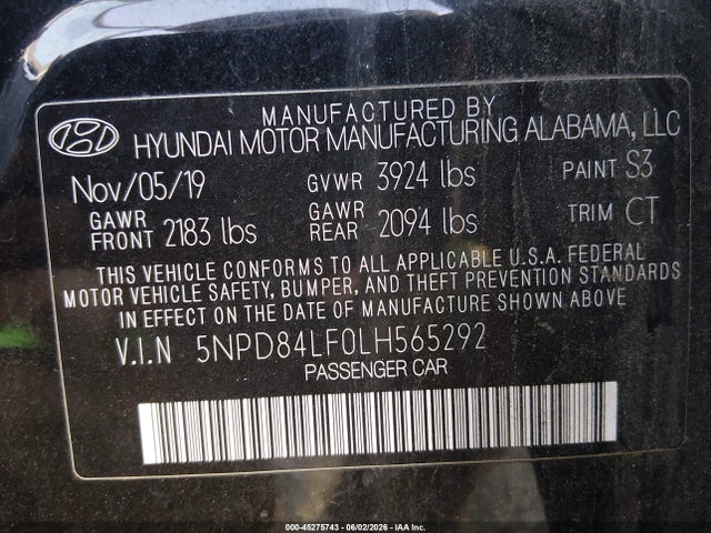 5NPD84LF0LH565292 Hyundai ELANTRA SEL