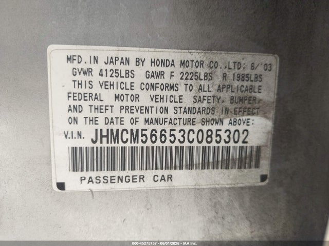 45275757 :رقم المزاد ، JHMCM56653C085302 vin ، 2003 Honda Accord 2.4 Ex مزاد بيع