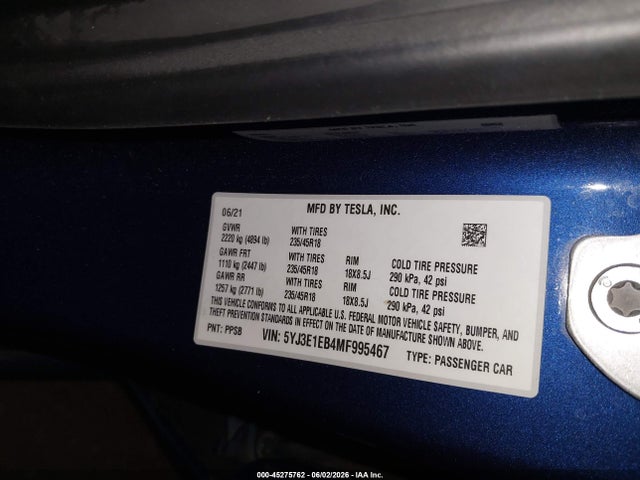 Tesla Model 3 Long Range 2021 5YJ3E1EB4MF995467 Image 9