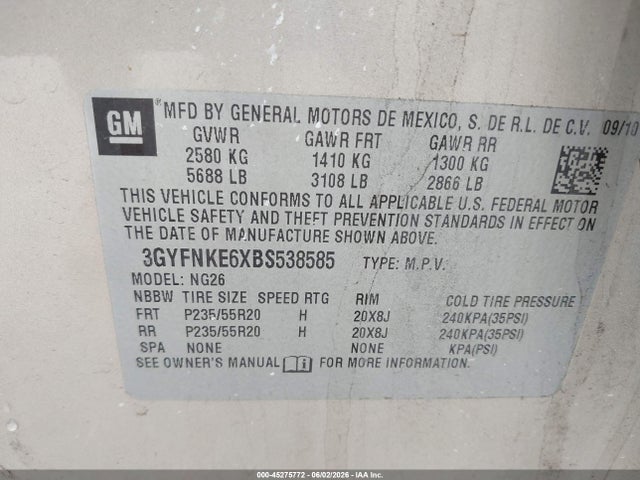 Продажа на аукционе авто 2011 Cadillac Srx Turbo Premium, vin: 3GYFNKE6XBS538585, номер лота: 45275772