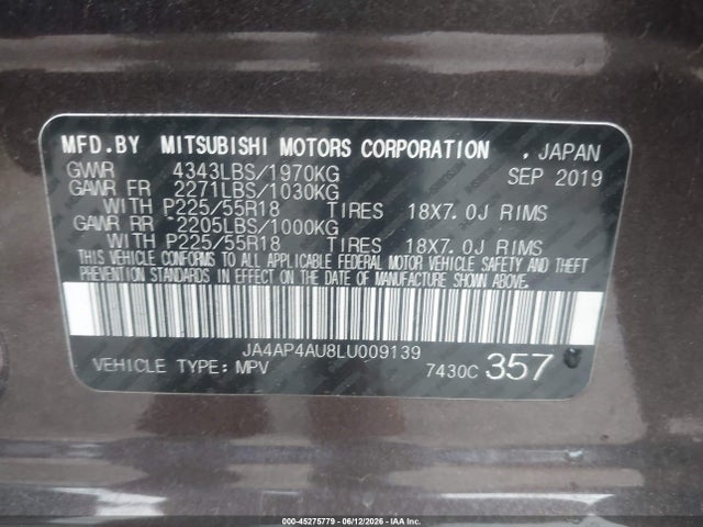 2020 Mitsubishi Outlander Sport 2.0 Se მანქანა იყიდება აუქციონზე, vin: JA4AP4AU8LU009139, აუქციონის ნომერი: 45275779