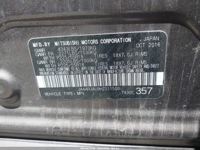 Продаж на аукціоні авто 2017 Mitsubishi Outlander Sport 2.0 Le, vin: JA4AR3AU9HZ011500, номер лоту: 45275790