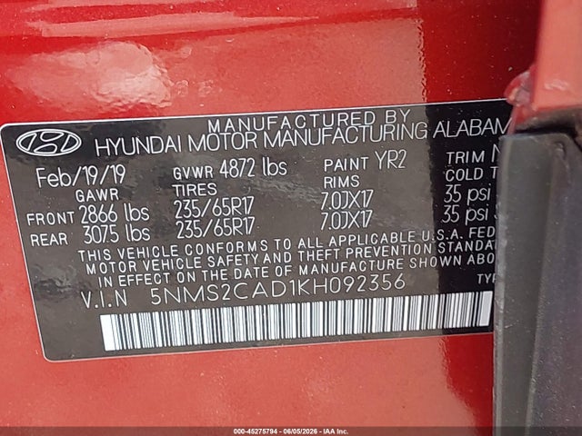 Продаж на аукціоні авто 2019 Hyundai Santa Fe Se, vin: 5NMS2CAD1KH092356, номер лоту: 45275794