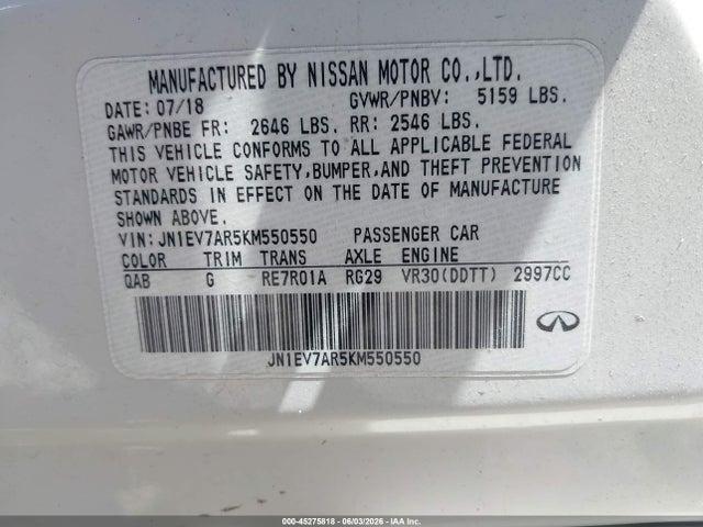 45275818 :رقم المزاد ، JN1EV7AR5KM550550 vin ، 2019 Infiniti Q50 3.0t Luxe مزاد بيع