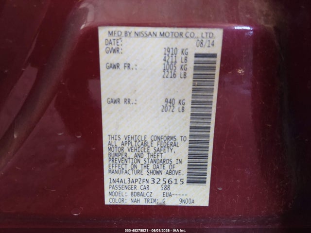 1N4AL3AP2FN325615 Nissan Altima 2.5/2.5 S/2.5 Sl/2.5 Sv