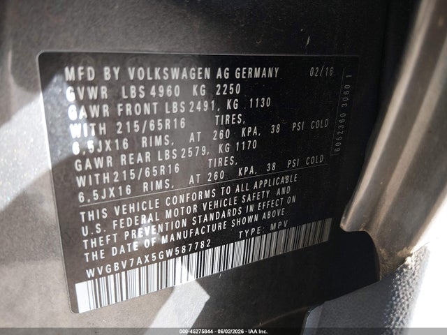 Продажа на аукционе авто 2016 Volkswagen Tiguan S, vin: WVGBV7AX5GW587782, номер лота: 45275844
