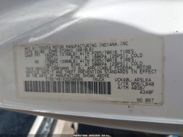 Продаж на аукціоні авто 2002 Toyota Tundra Ltd V8, vin: 5TBBT481X2S290986, номер лоту: 45275849