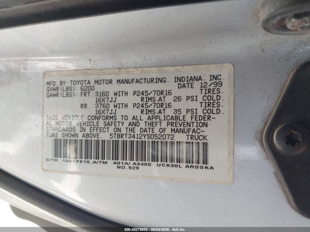 2000 Toyota Tundra Sr5 V8 მანქანა იყიდება აუქციონზე, vin: 5TBRT3412YS052072, აუქციონის ნომერი: 45275852
