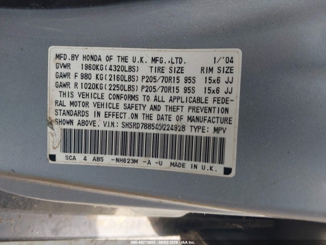 Aukcja sprzedaży 2004 Honda Cr-v Ex, vin: SHSRD78854U224928, numer aukcji: 45275853