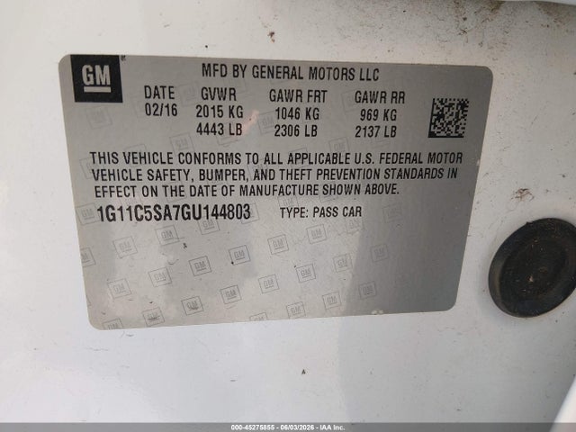 Продаж на аукціоні авто 2016 Chevrolet Malibu Limited Lt, vin: 1G11C5SA7GU144803, номер лоту: 45275855