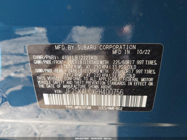 45275867 :رقم المزاد ، JF2SKALCXPH400756 vin ، 2023 Subaru Forester Wilderness مزاد بيع