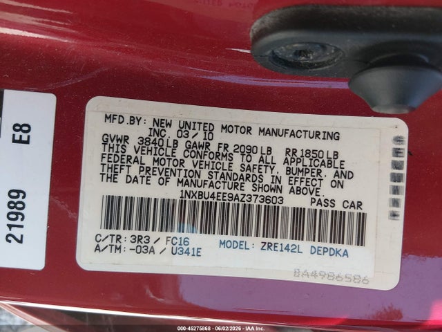 Aukcja sprzedaży 2010 Toyota Corolla Le, vin: 1NXBU4EE9AZ373603, numer aukcji: 45275868