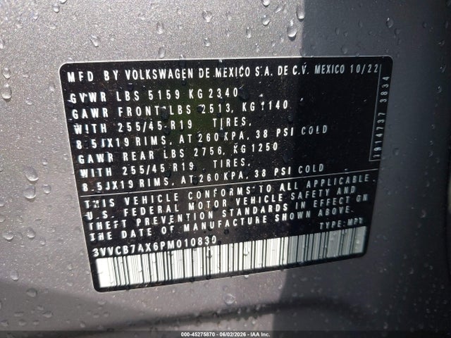 45275870 :رقم المزاد ، 3VVCB7AX6PM010830 vin ، 2023 Volkswagen Tiguan 2.0t Se R-line Black مزاد بيع