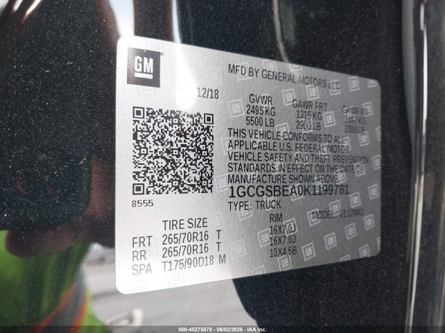 Aukcja sprzedaży 2019 Chevrolet Colorado Wt, vin: 1GCGSBEA0K1199781, numer aukcji: 45275878